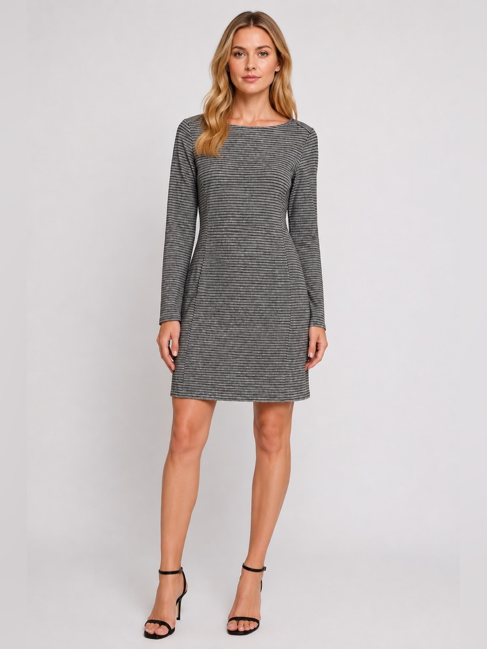Duluth‎ Trading Co Striped Long Sleeve Dress Gray Black Boatneck Stretch Small S